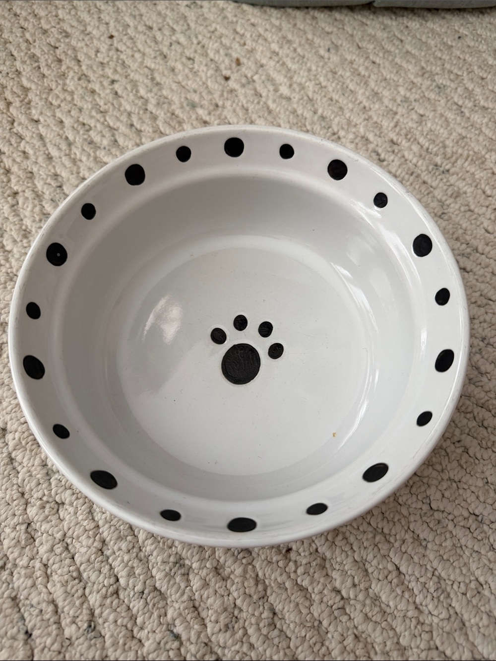 White Ceramic Dog Bowl with Black Polka Dots and Paw Print